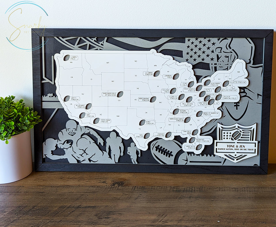 Football stadium map, pro football stadium tracker, NFL stadium travel map, gift for football lover, gift for men