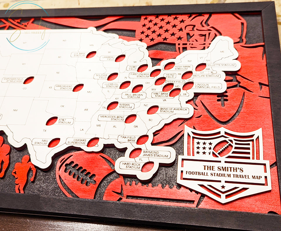 Football stadium map, pro football stadium tracker, NFL stadium travel map, gift for football lover, gift for men