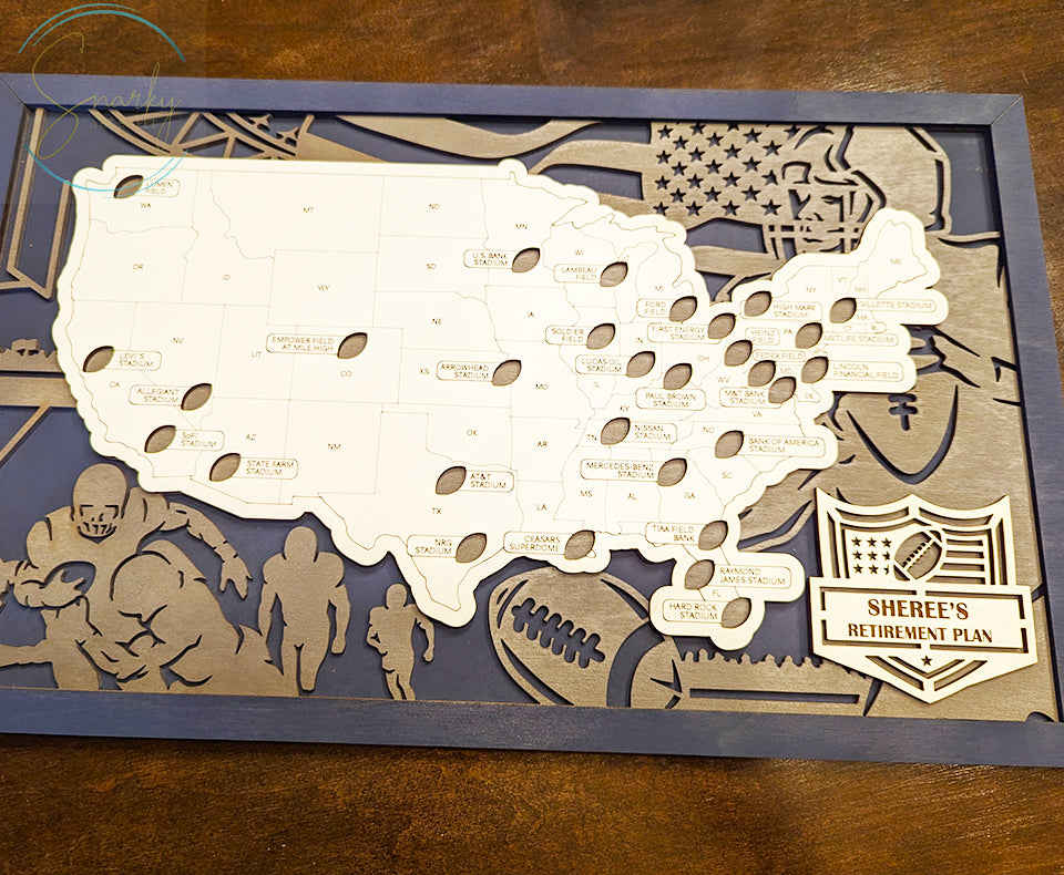 Football stadium map, pro football stadium tracker, NFL stadium travel map, gift for football lover, gift for men