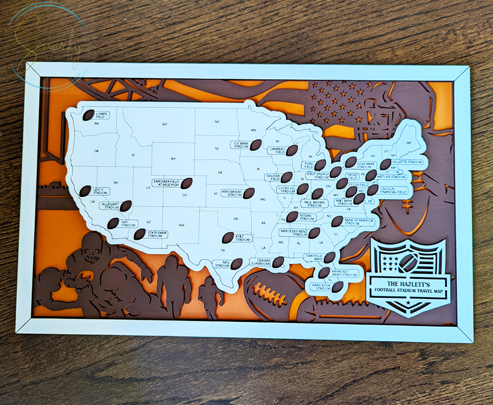 Football stadium map, pro football stadium tracker, NFL stadium travel map, gift for football lover, gift for men