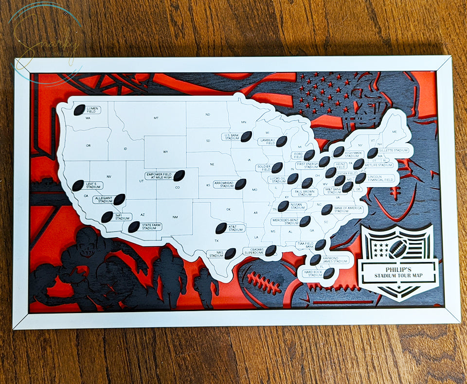 Football stadium map, pro football stadium tracker, NFL stadium travel map, gift for football lover, gift for men