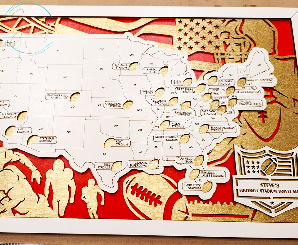 Football stadium map, pro football stadium tracker, NFL stadium travel map, gift for football lover, gift for men