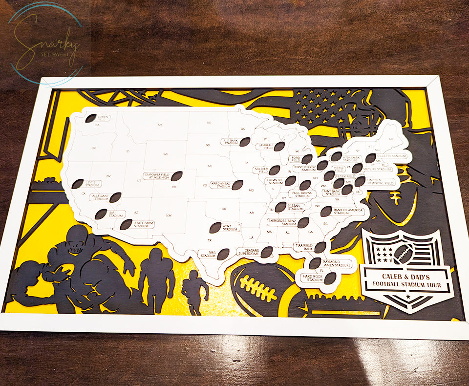 Football stadium map, pro football stadium tracker, NFL stadium travel map, gift for football lover, gift for men