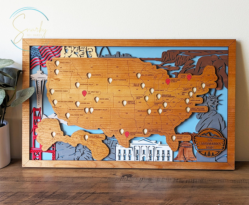 US Landmarks Map, Landmarks bucket list, travel bucket list, travel tracker, gift for hikers, gift for traveler, gift for family vacation