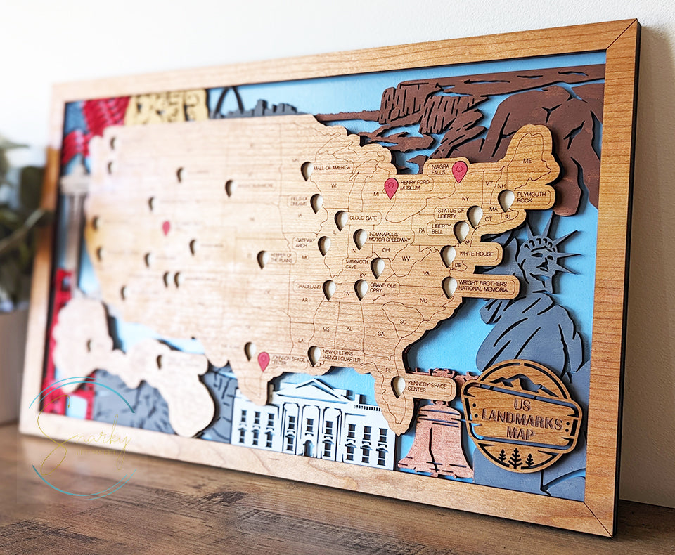 US Landmarks Map, Landmarks bucket list, travel bucket list, travel tracker, gift for hikers, gift for traveler, gift for family vacation