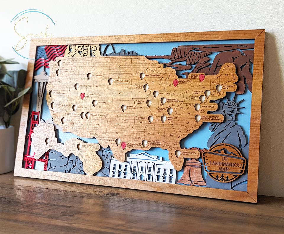 US Landmarks Map, Landmarks bucket list, travel bucket list, travel tracker, gift for hikers, gift for traveler, gift for family vacation