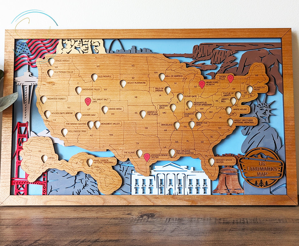 US Landmarks Map, Landmarks bucket list, travel bucket list, travel tracker, gift for hikers, gift for traveler, gift for family vacation