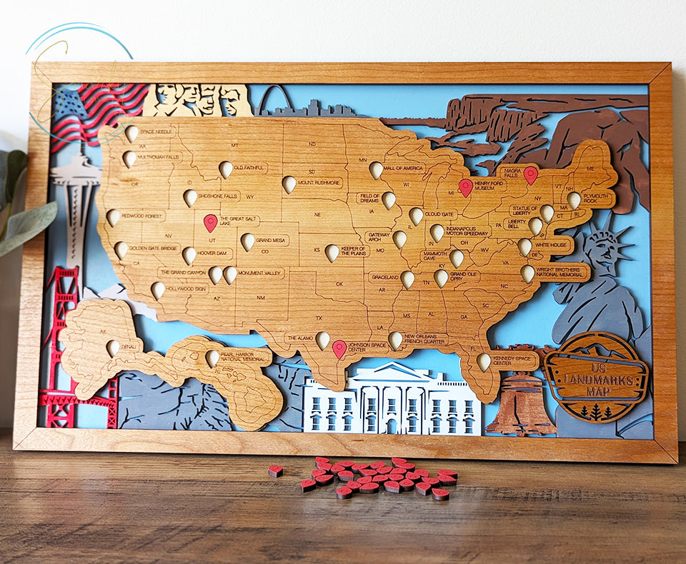 US Landmarks Map, Landmarks bucket list, travel bucket list, travel tracker, gift for hikers, gift for traveler, gift for family vacation