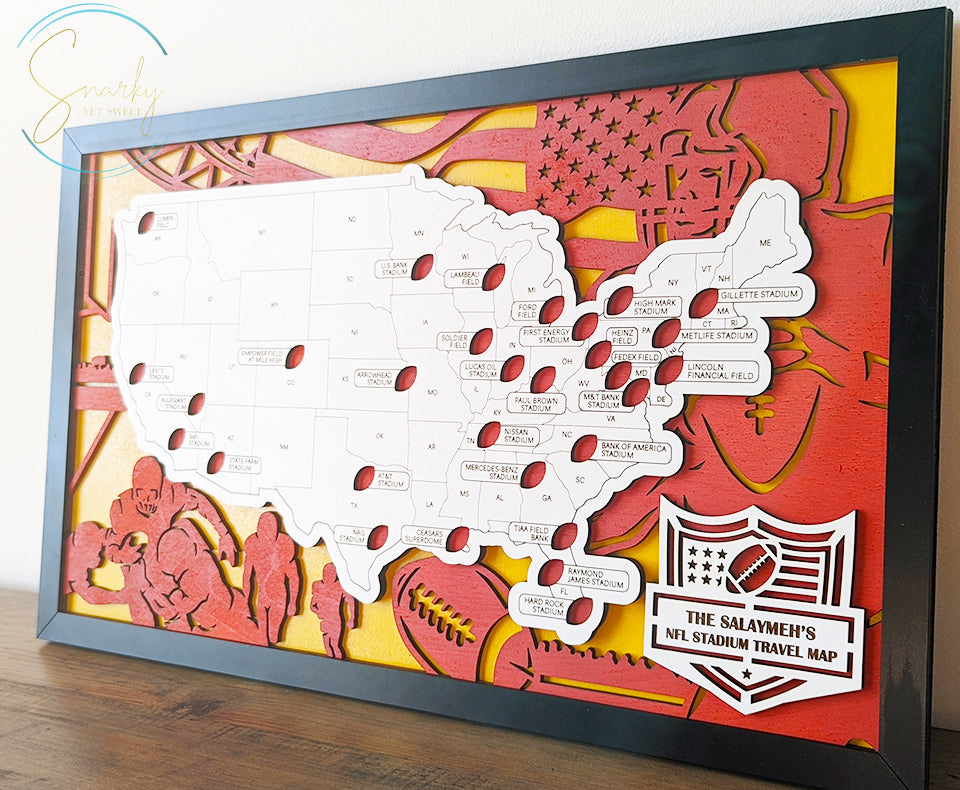 Football stadium map, pro football stadium tracker, NFL stadium travel map, gift for football lover, gift for men