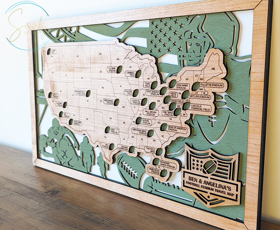 Football stadium map, pro football stadium tracker, NFL stadium travel map, gift for football lover, gift for men