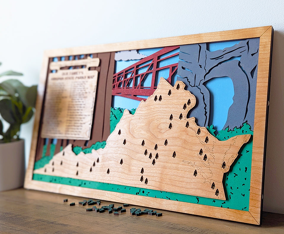 Virginia State Park Map, State Parks Marker, US Travel Map, family road trip tracker, bucket list map, gift for hiker, Virginia State Sign
