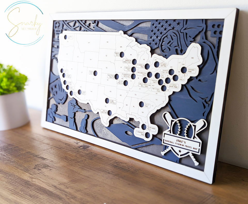 MLB stadium map, pro baseball stadium tracker, MLB stadium travel map, gift for baseball lover, gift for men