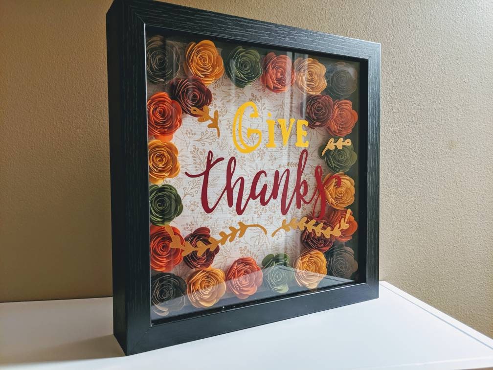 Give Thanks paper flower shadow box wall home decor fall or Thanksgiving