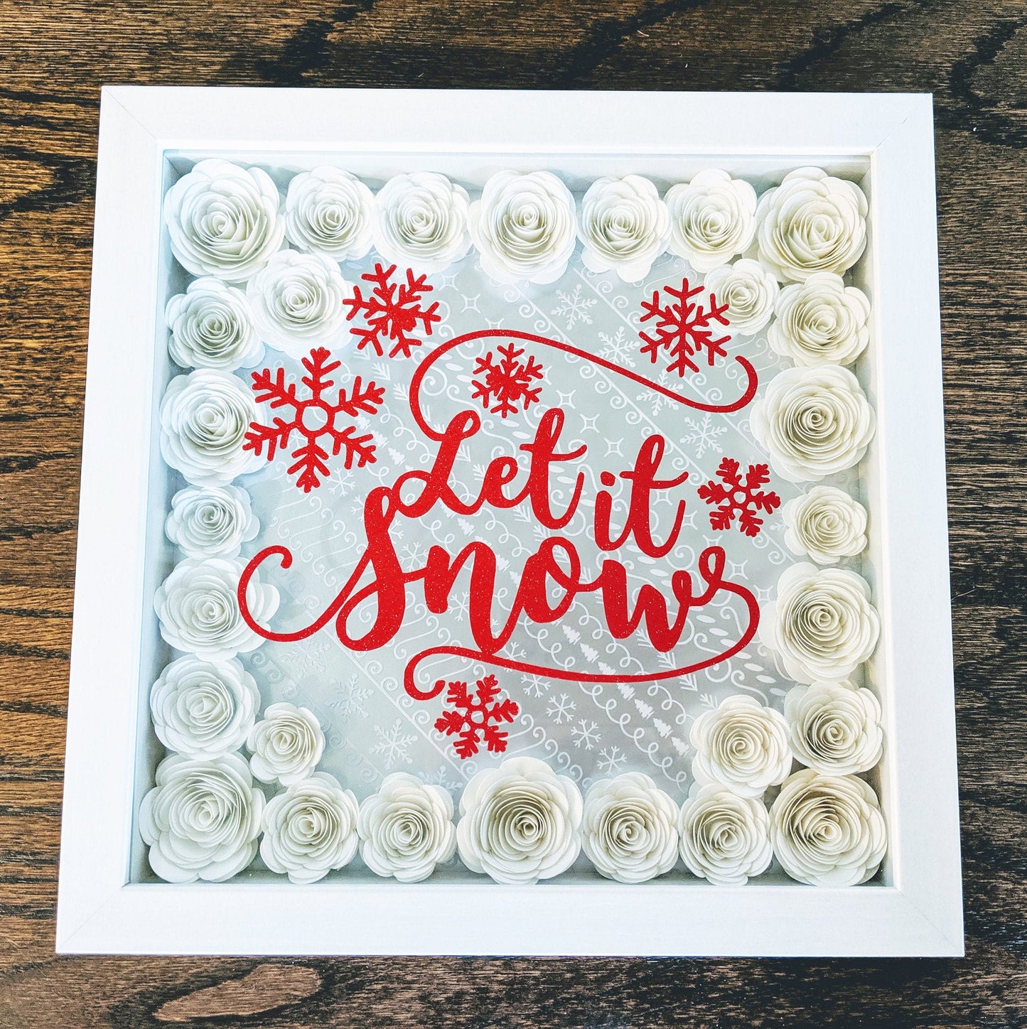 Let it snow rolled paper flower shadow box holiday home decor