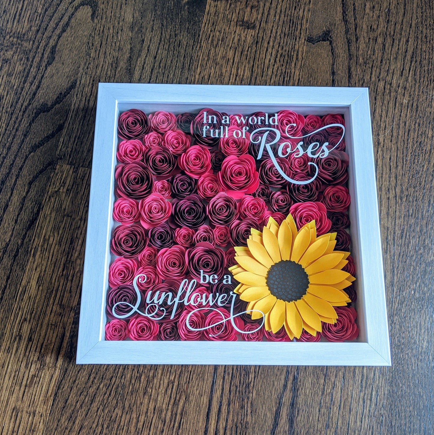 In a world full of roses paper flower shadow box, paper flower wall decor, sunflower decor, paper rose shadow box, gift for her,gift for mom