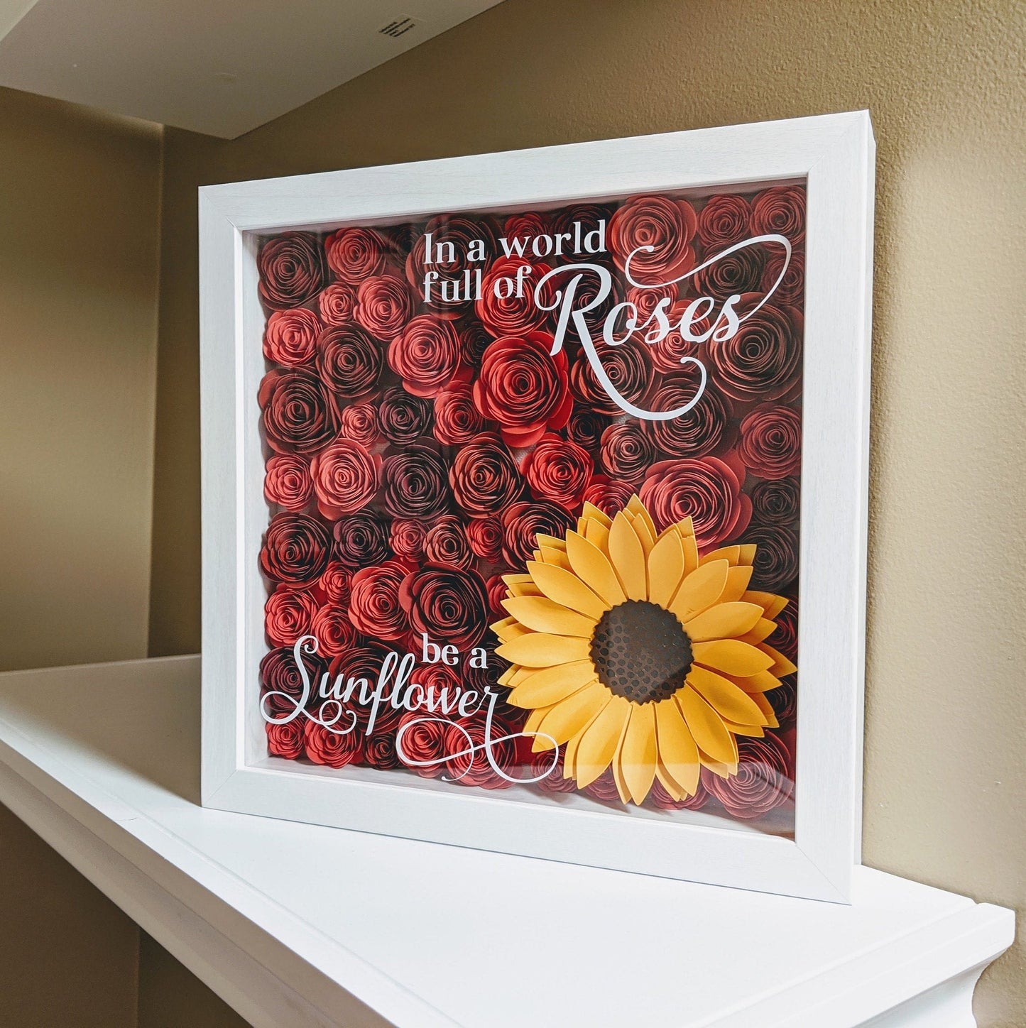 In a world full of roses paper flower shadow box, paper flower wall decor, sunflower decor, paper rose shadow box, gift for her,gift for mom