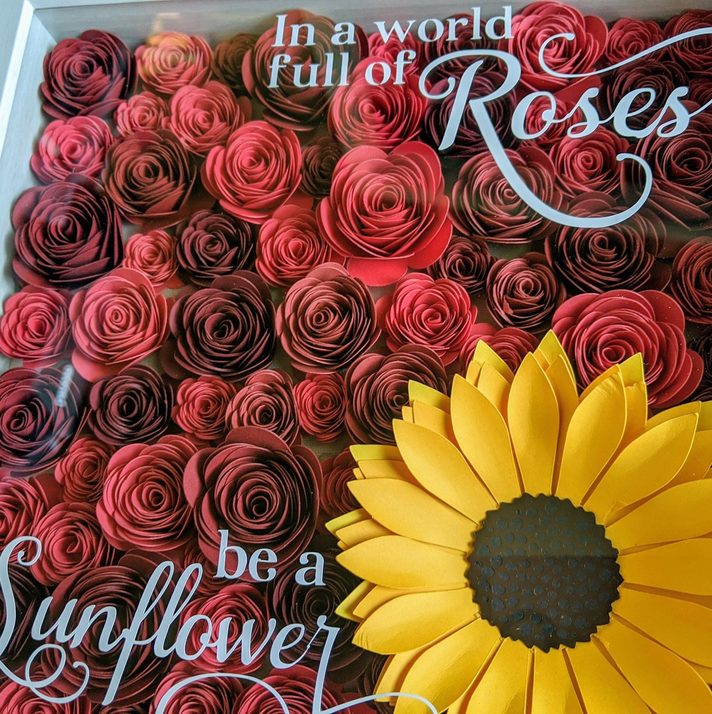 In a world full of roses paper flower shadow box, paper flower wall decor, sunflower decor, paper rose shadow box, gift for her,gift for mom
