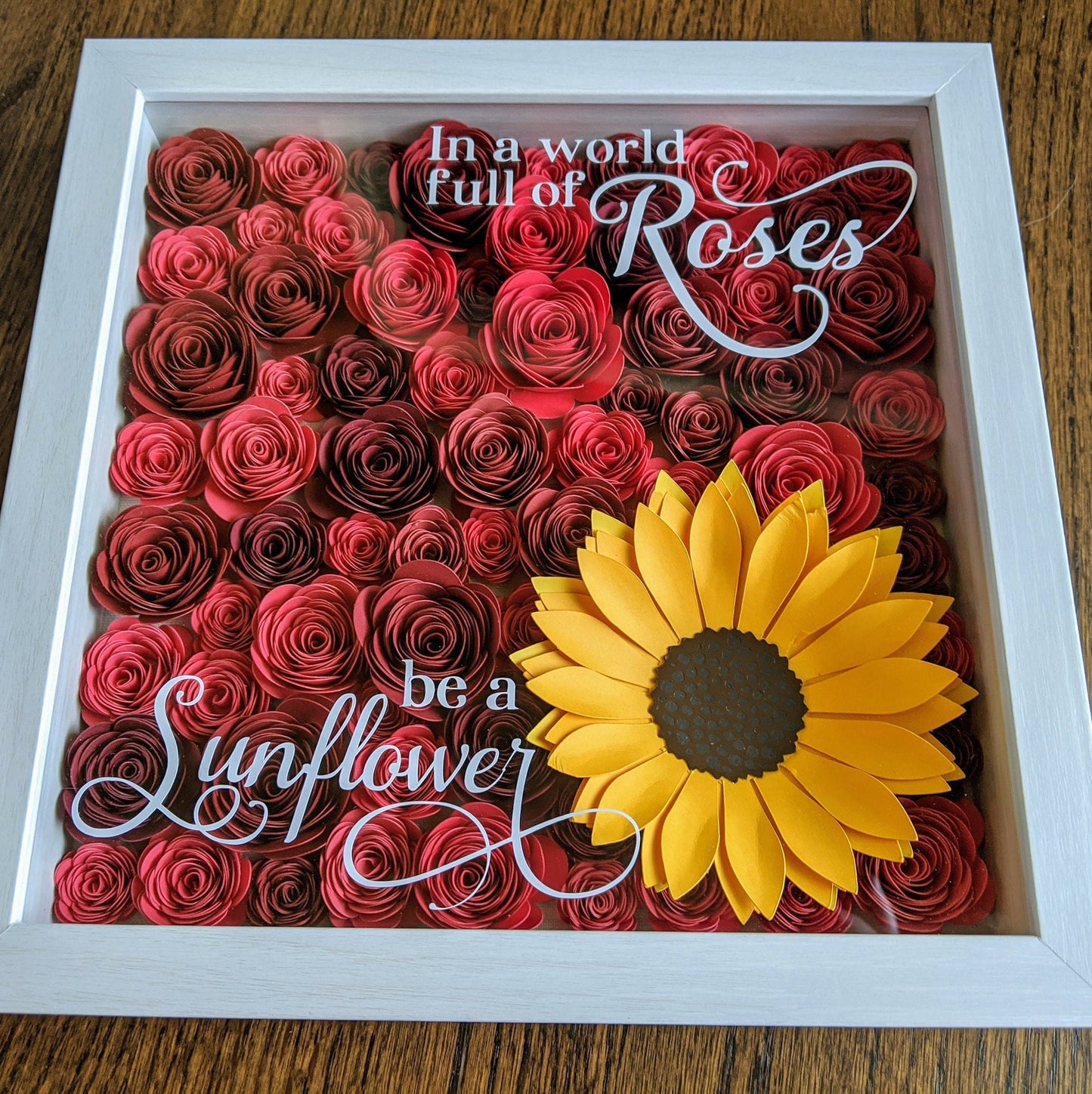 In a world full of roses paper flower shadow box, paper flower wall decor, sunflower decor, paper rose shadow box, gift for her,gift for mom