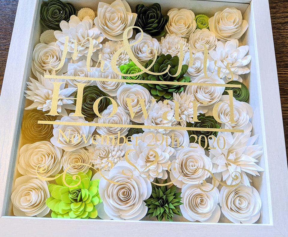Wedding paper flower shadow box, wedding gift personalized, wedding flowers shadow box, gift for bride, paper anniversary gift,Mr & Mrs gift
