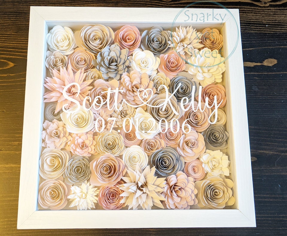 Dusty Rose Couple Names Valentine's rolled paper flower shadow box home decor