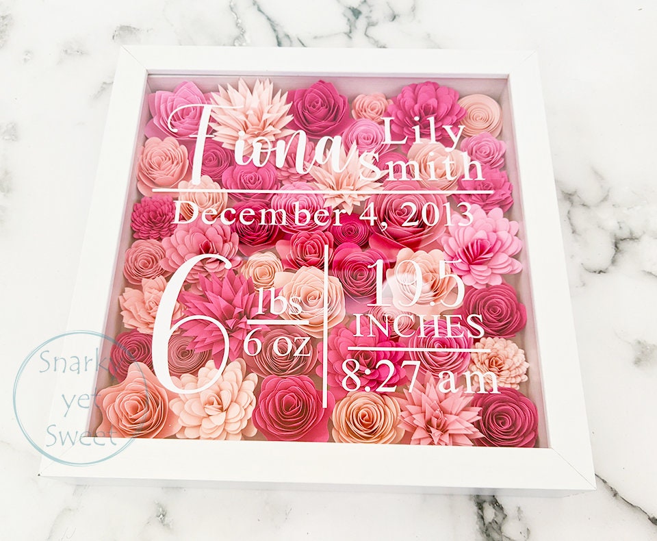 Birth stats paper flower shadow box, nursery decor, baby gift, birth stats sign, nursery paper flower wall decor, birth stats shadow box