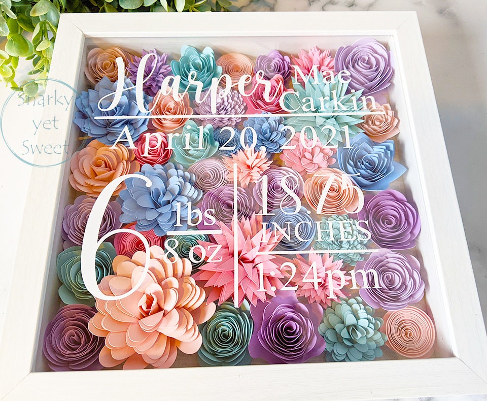 Birth stats paper flower shadow box, nursery decor, baby gift, birth stats sign, nursery paper flower wall decor, birth stats shadow box