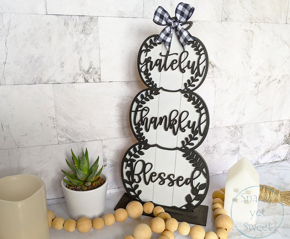 Pumpkin Stack, Stacking Pumpkins, Grateful thankful blessed wood sign, fall decor, Halloween decor, shelf decor, gingham decor, rustic decor