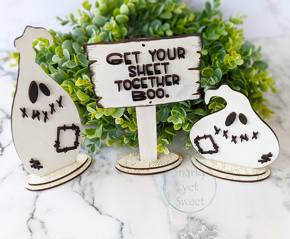 Get your sheet together, ghost decor Halloween, snarky Halloween, ghost decor wood, funny Halloween, gift for friend, shelf decorations