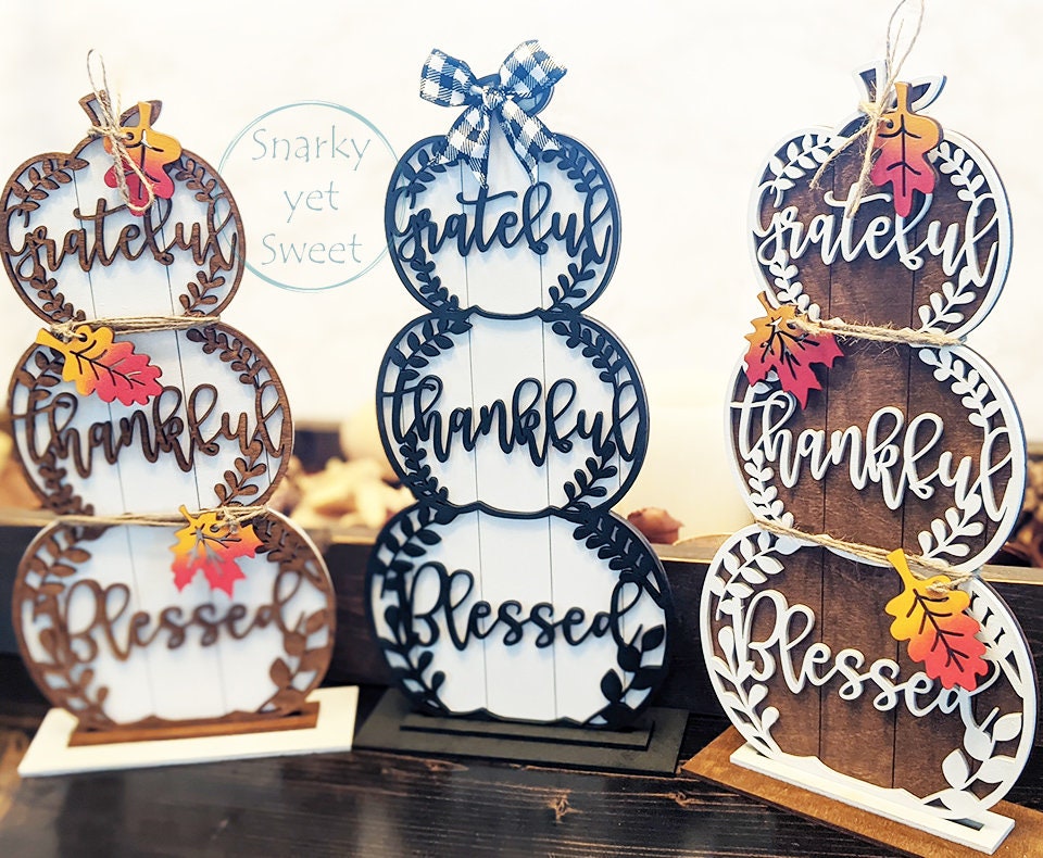 Pumpkin Stack, Stacking Pumpkins, Grateful thankful blessed wood sign, fall decor, Halloween decor, shelf decor, gingham decor, rustic decor