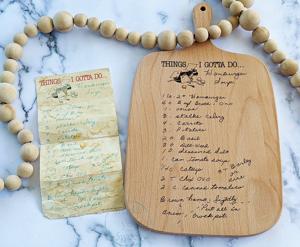Handwritten recipe cutting board, custom cutting board with recipe, cutting board with handle, engraved cutting board with recipe