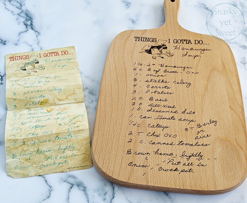 Handwritten recipe cutting board, custom cutting board with recipe, cutting board with handle, engraved cutting board with recipe
