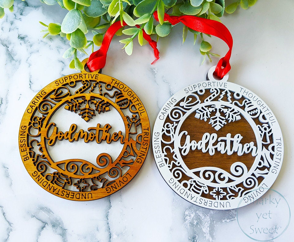 Godmother layered ornament, godmother ornament, godparent ornament, personalized ornament, unique wood ornament, laser cut ornament