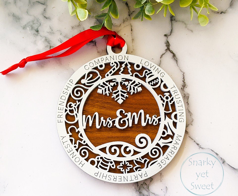 Mrs & Mrs layered ornament, spouse ornament, wife ornament, personalized ornament, unique wood ornament, laser cut ornament