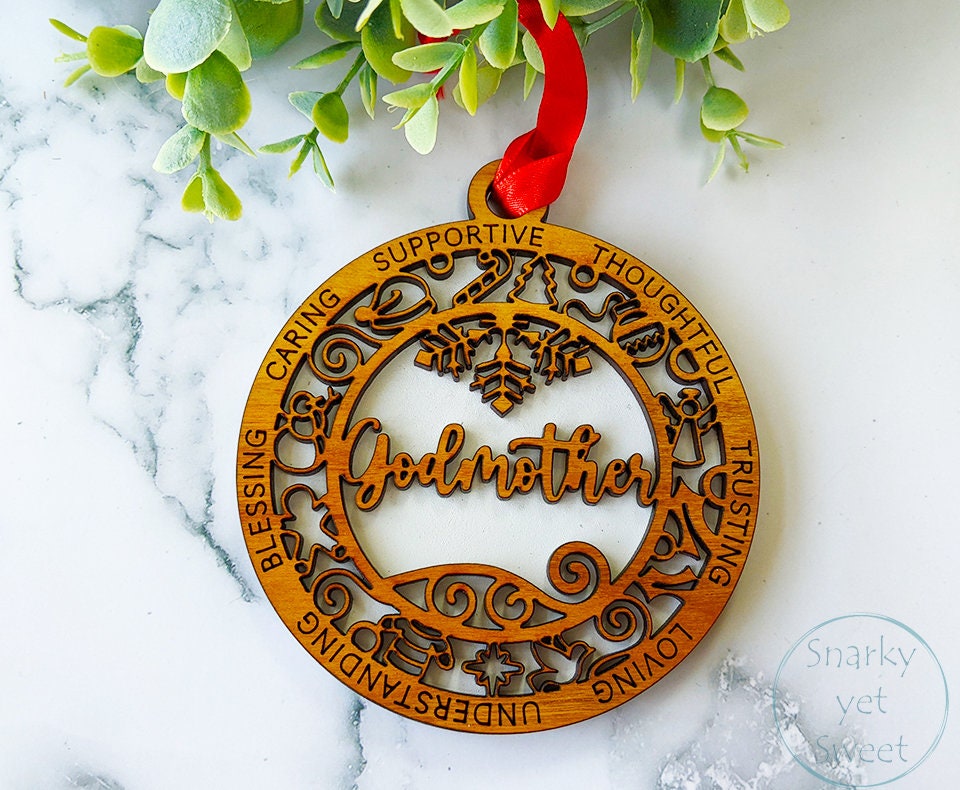 Godmother layered ornament, godmother ornament, godparent ornament, personalized ornament, unique wood ornament, laser cut ornament