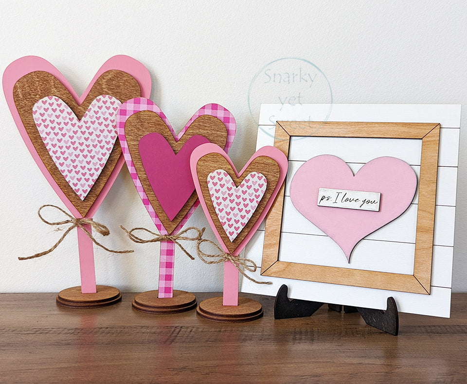 Triple standing hearts home decor, set of 3 standing hearts, Valentine's Day decor, valentines decor, patterned wood hearts, gift for her