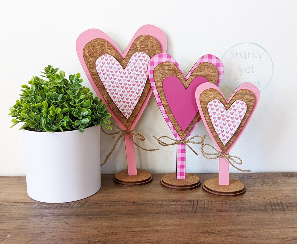 Triple standing hearts home decor, set of 3 standing hearts, Valentine's Day decor, valentines decor, patterned wood hearts, gift for her