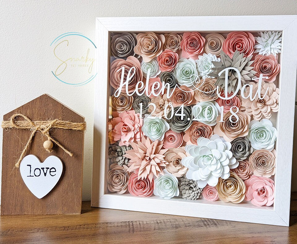 Dusty Rose Couple Names Valentine's rolled paper flower shadow box home decor