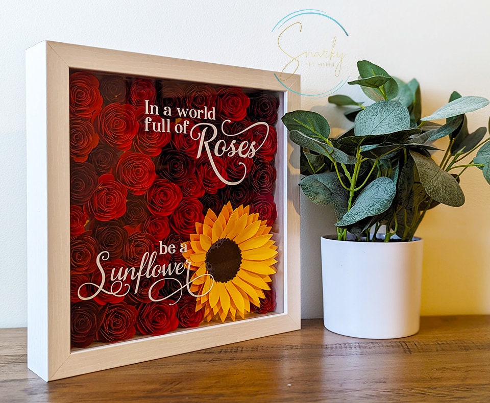 In a world full of roses paper flower shadow box, paper flower wall decor, sunflower decor, paper rose shadow box, gift for her,gift for mom