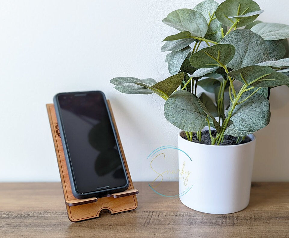 Cell phone stand, wood cell phone holder, cell phone holder for desk, just breathe dandelions, gift for her, mother's day gift