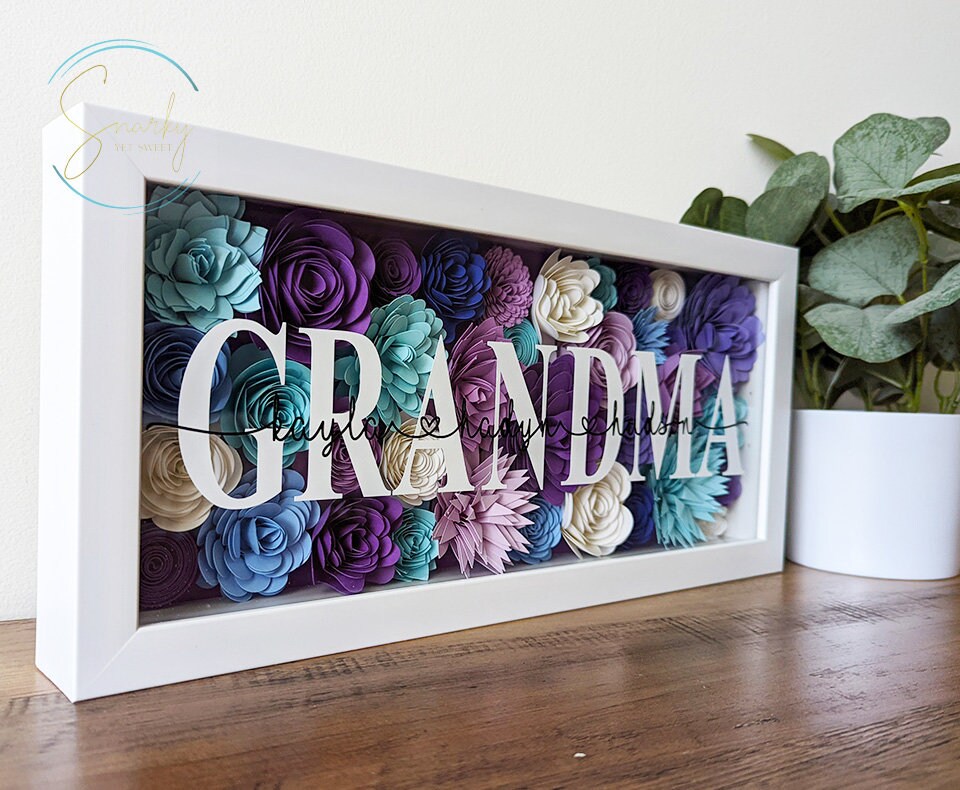 Paper flower shadow box, gift for mom, gift for grandma, mothers day shadow box, gift for mothers day, gift for wife mothers day, kid names