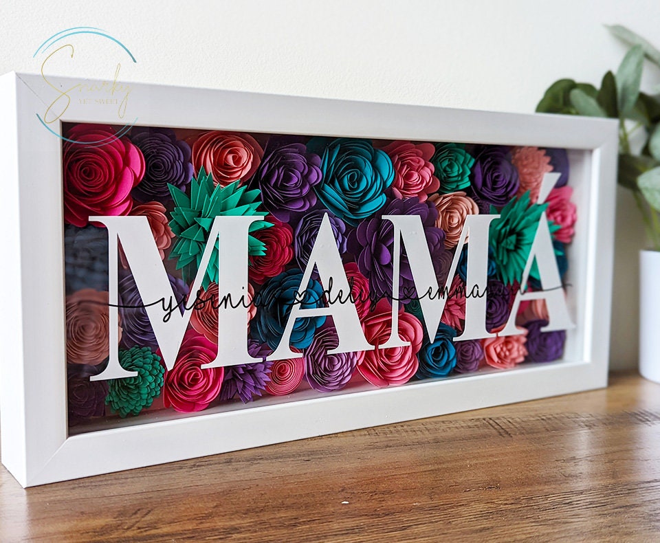 Paper flower shadow box, gift for mom, gift for grandma, mothers day shadow box, gift for mothers day, gift for wife mothers day, kid names