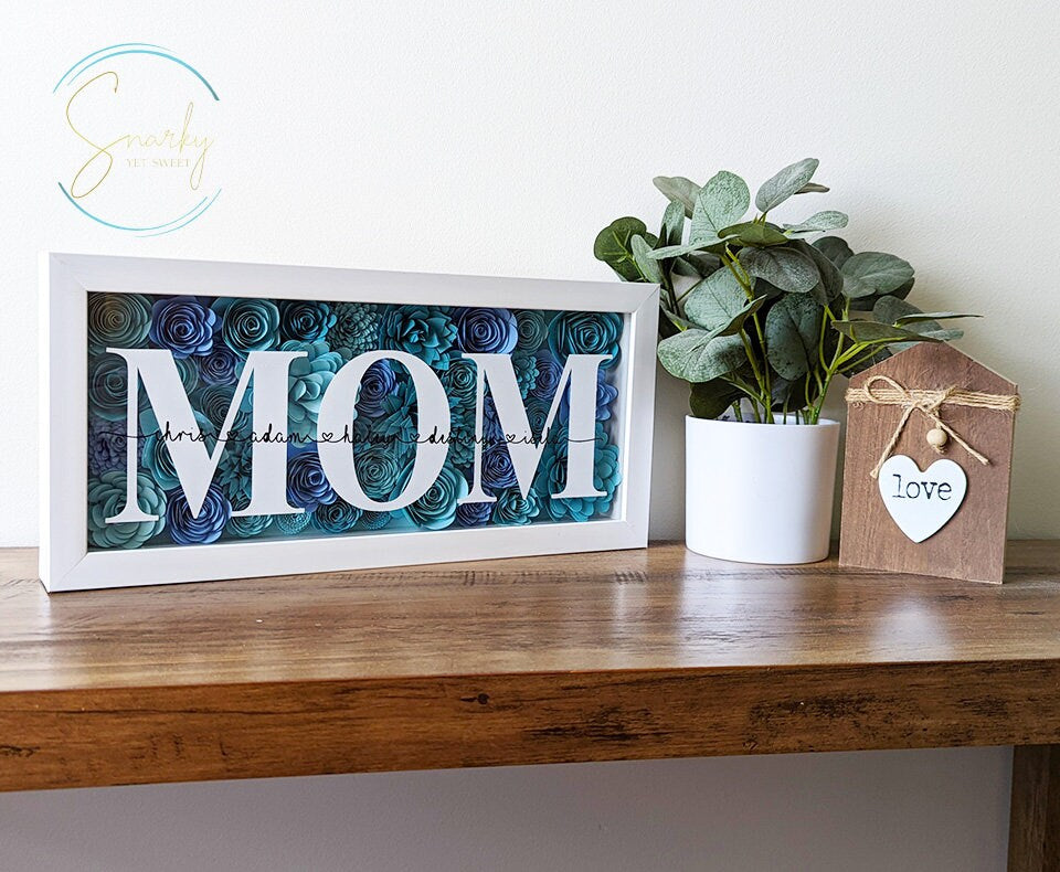 Paper flower shadow box, gift for mom, gift for grandma, mothers day shadow box, gift for mothers day, gift for wife mothers day, kid names