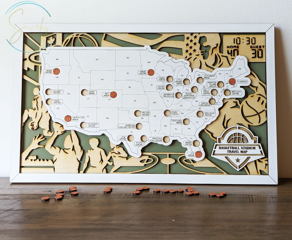Basketball stadium map, pro basketball stadium tracker, NBA stadium travel map, gift for basketball lover, gift for men