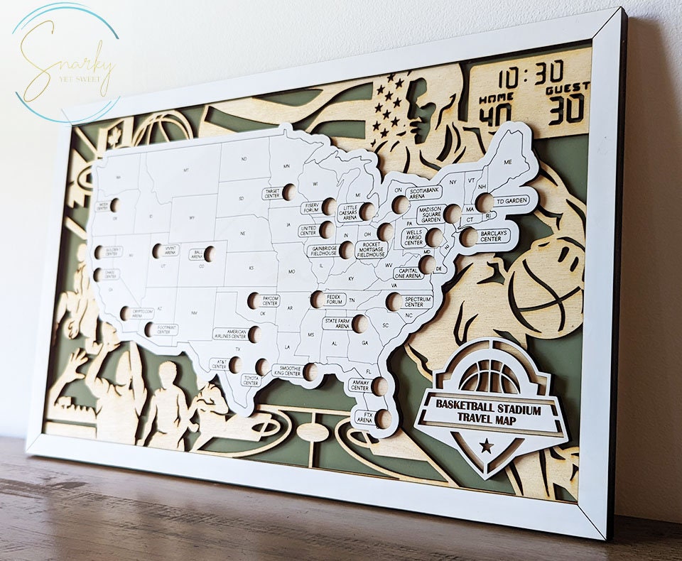 Basketball stadium map, pro basketball stadium tracker, NBA stadium travel map, gift for basketball lover, gift for men