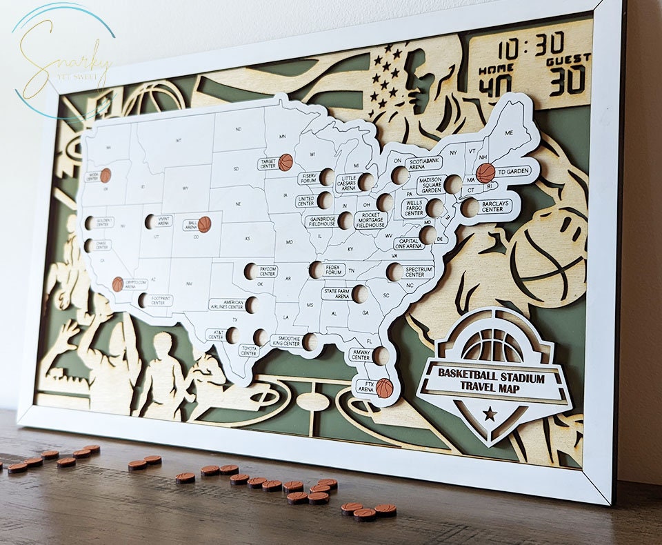 Basketball stadium map, pro basketball stadium tracker, NBA stadium travel map, gift for basketball lover, gift for men