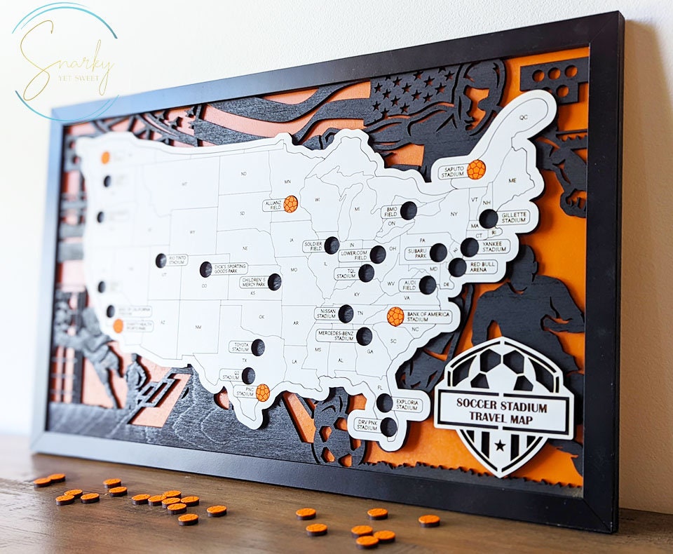 Soccer stadium map, pro soccer stadium tracker, NSL stadium travel map, gift for soccer lover, gift for men