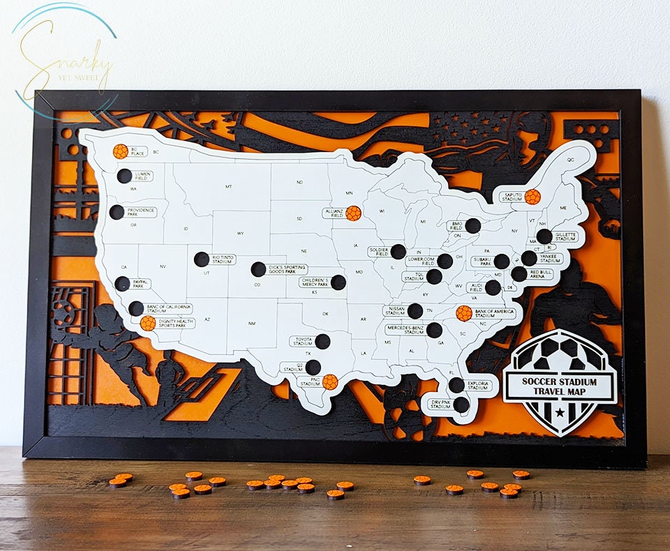 Soccer stadium map, pro soccer stadium tracker, NSL stadium travel map, gift for soccer lover, gift for men