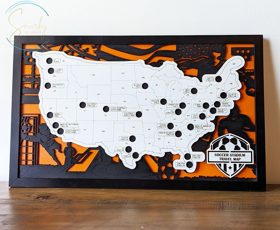 Soccer stadium map, pro soccer stadium tracker, NSL stadium travel map, gift for soccer lover, gift for men