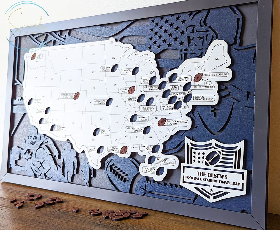 Football stadium map, pro football stadium tracker, NFL stadium travel map, gift for football lover, gift for men