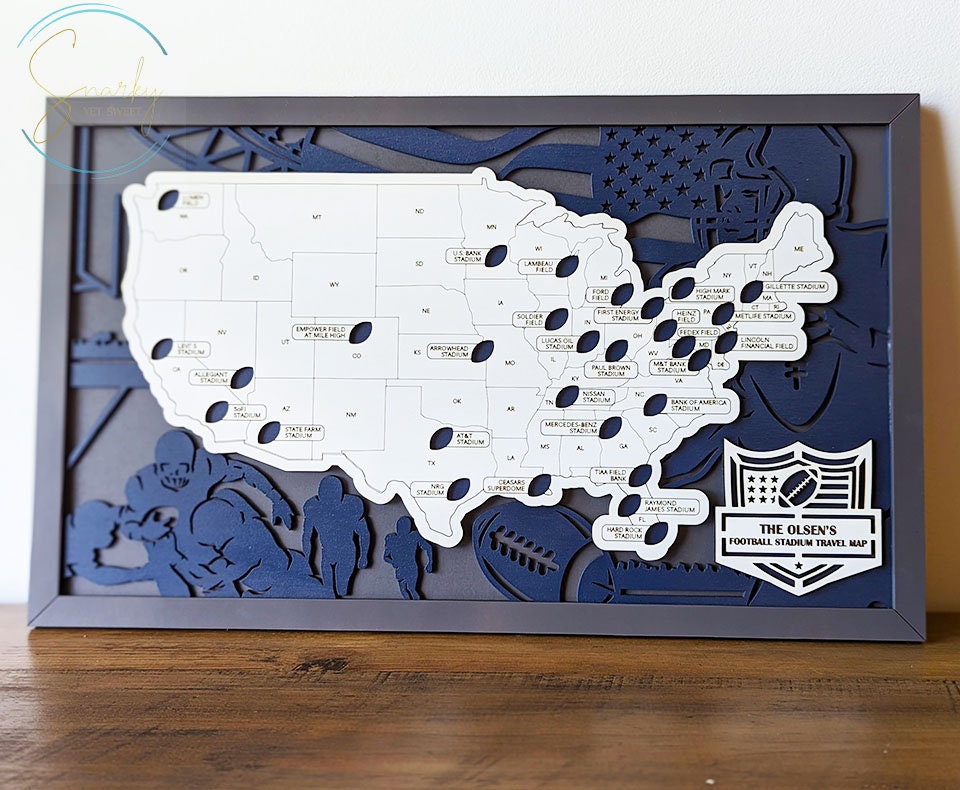 Football stadium map, pro football stadium tracker, NFL stadium travel map, gift for football lover, gift for men